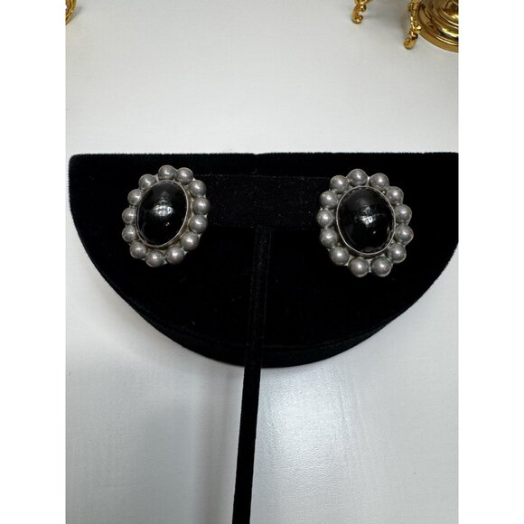 Mexican Sterling Silver Taxco Mexico Cabochon Onyx Oval Stud Earrings Modernist - Picture 8 of 10